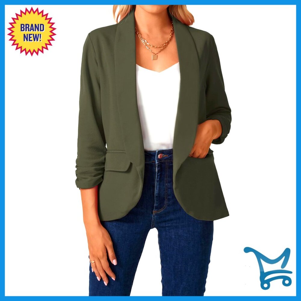 Women's 3/4 Ruched Sleeve Shawl Collar Blazer Open Front With Pockets
